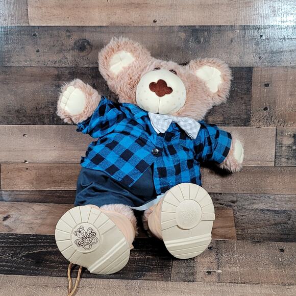 Furskins Bear 1983 1984- Blue Plaid Shirt & Bowtie 23" Xavier Roberts - Picture 1 of 8